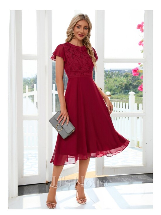 JJs House Dresses & Skirts - JJs House Athelais Burgundy Lace Bodice Midi Dress